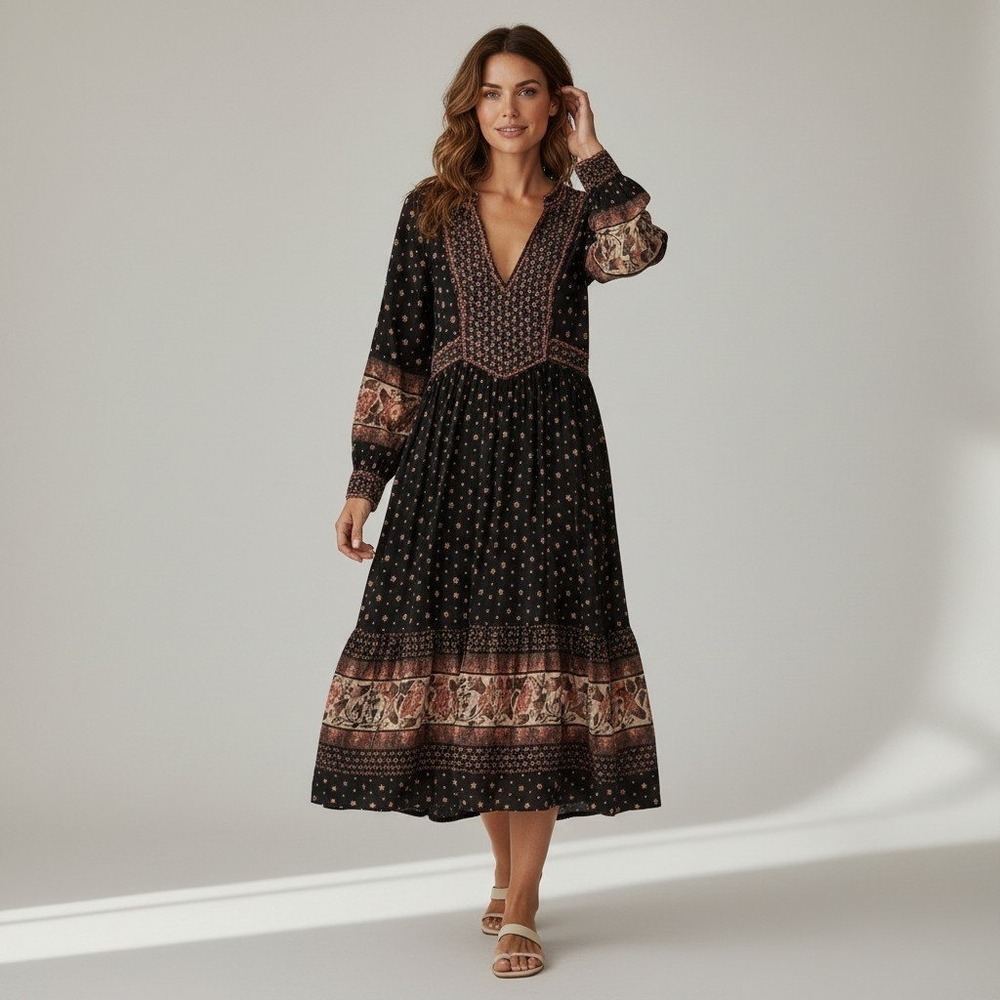 Sundance Black Red Floral Boho Embroidered Midi Dress Cottagecore 
RTL $205 SZ L